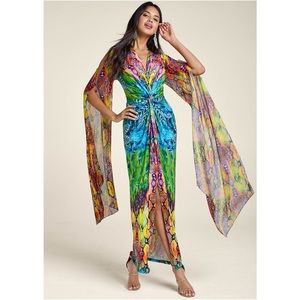 New VENUS Multicolor Snakeskin Print Exaggerated Sleeve Dress XS M